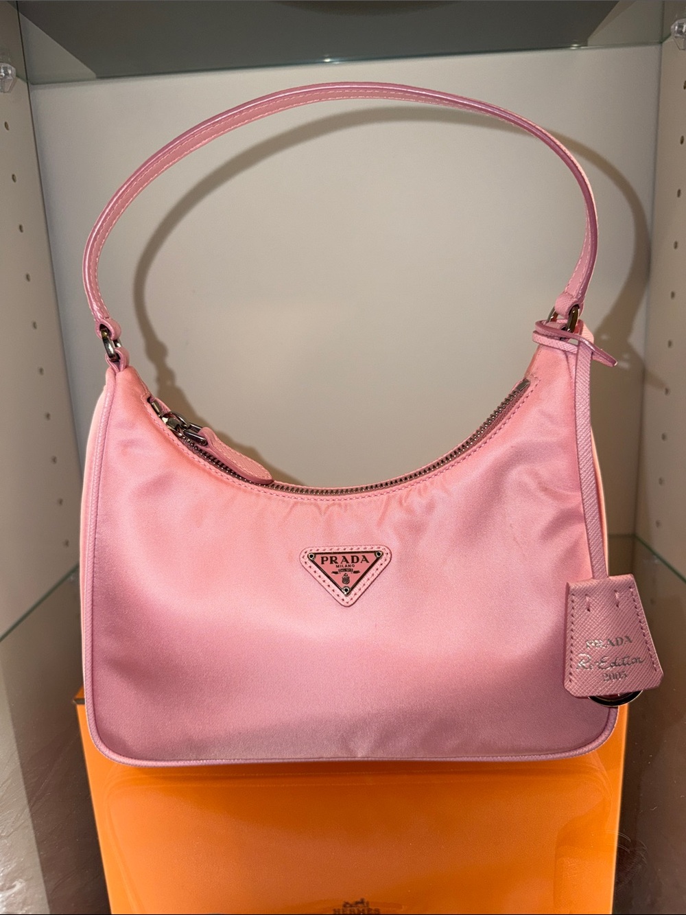 Prada Baby Pink Nylon Shoulder Bag with Logo Plaque